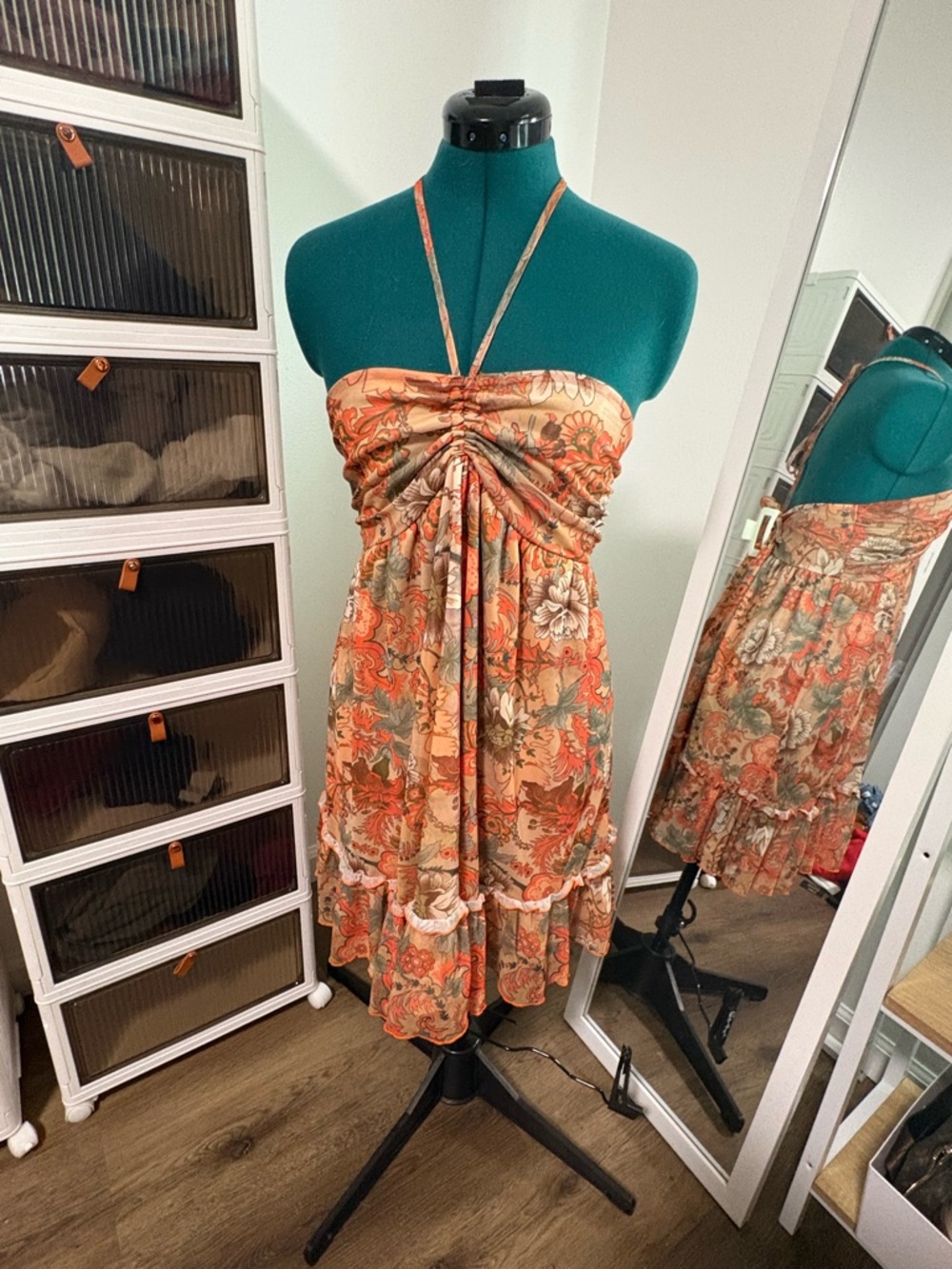 Strapless Floral Halter Sundress in Coral and Olive